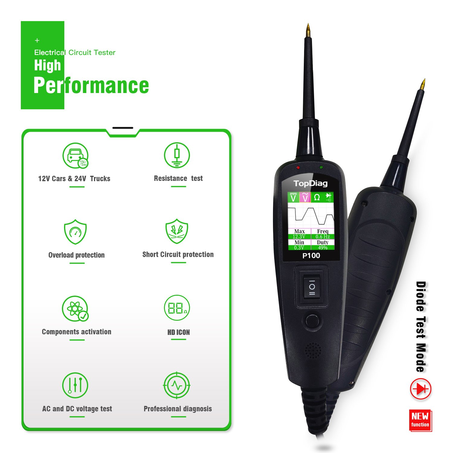 JDiag P100 Electrical Circuit Tester OBD2 Power Scanner OBD Battery Tester Car Diagnostic Tools Auto Repair P100 2M Line