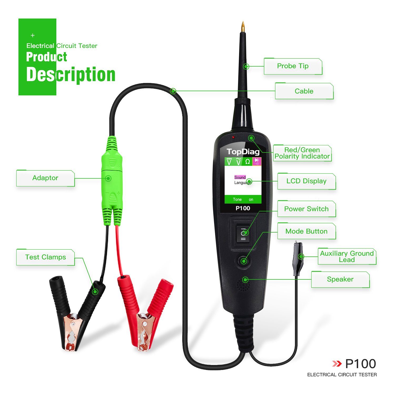 JDiag P100 Electrical Circuit Tester OBD2 Power Scanner OBD Battery Tester Car Diagnostic Tools Auto Repair P100 2M Line