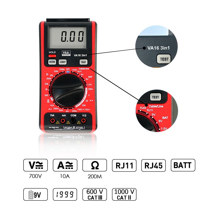V&A VA16 3 in 1 Cable Test Digital Multimeter with Telephone Line Tester and Network Cable Tester