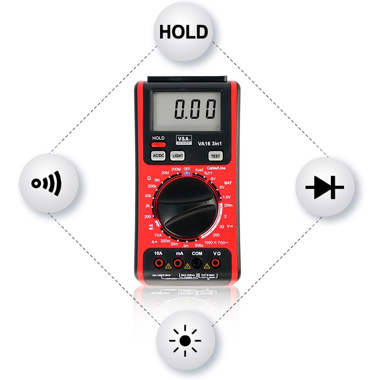 V&A VA16 3 in 1 Cable Test Digital Multimeter with Telephone Line Tester and Network Cable Tester