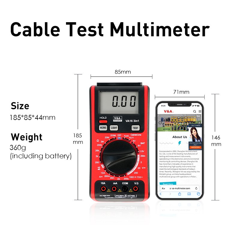 V&A VA16 3 in 1 Cable Test Digital Multimeter with Telephone Line Tester and Network Cable Tester