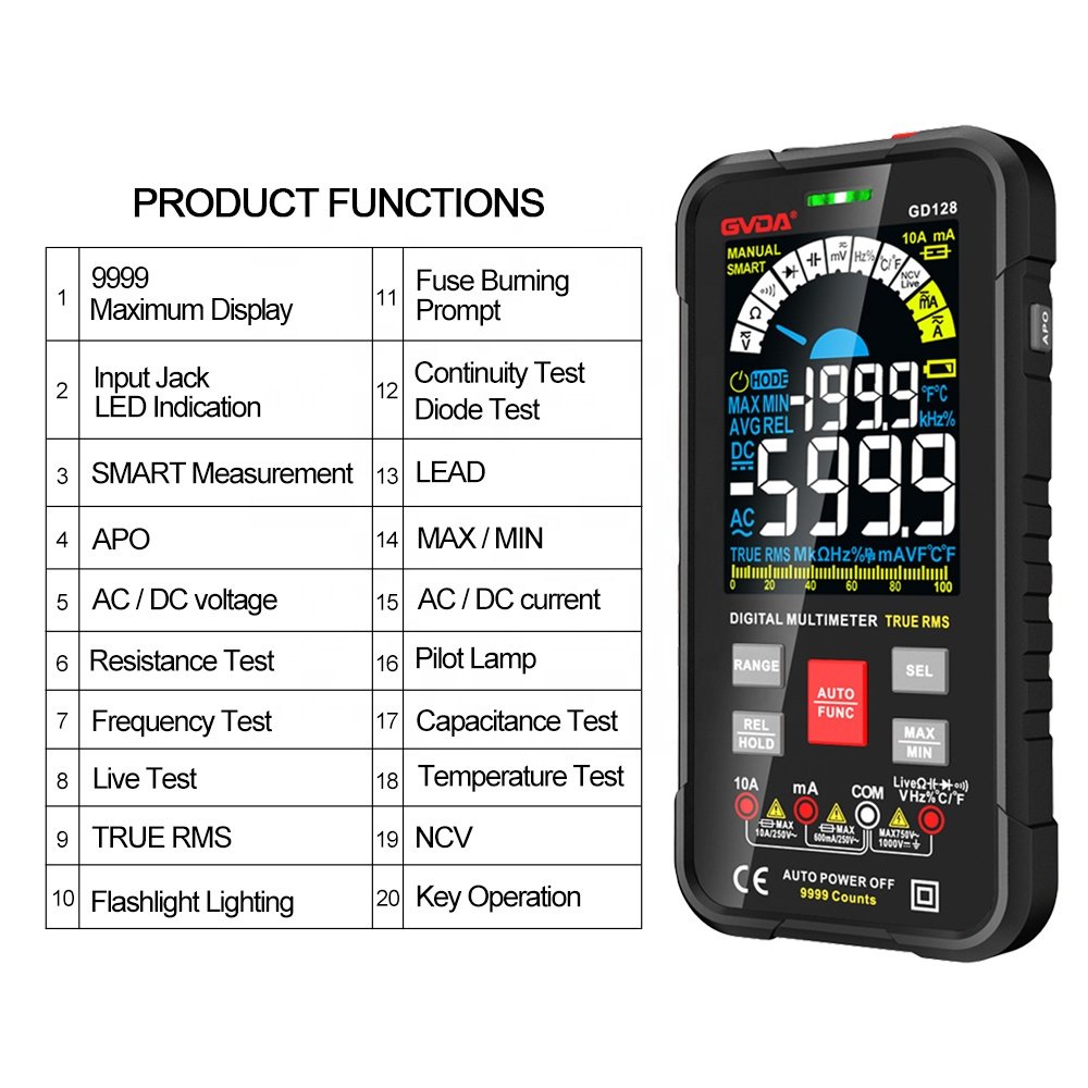 GVDA 2022 New True RMS Digital Multimeter Smart Auto Range 1000V 10A Tester Meter Ohm Hz Capacitance REL AC DC DMM Multitester