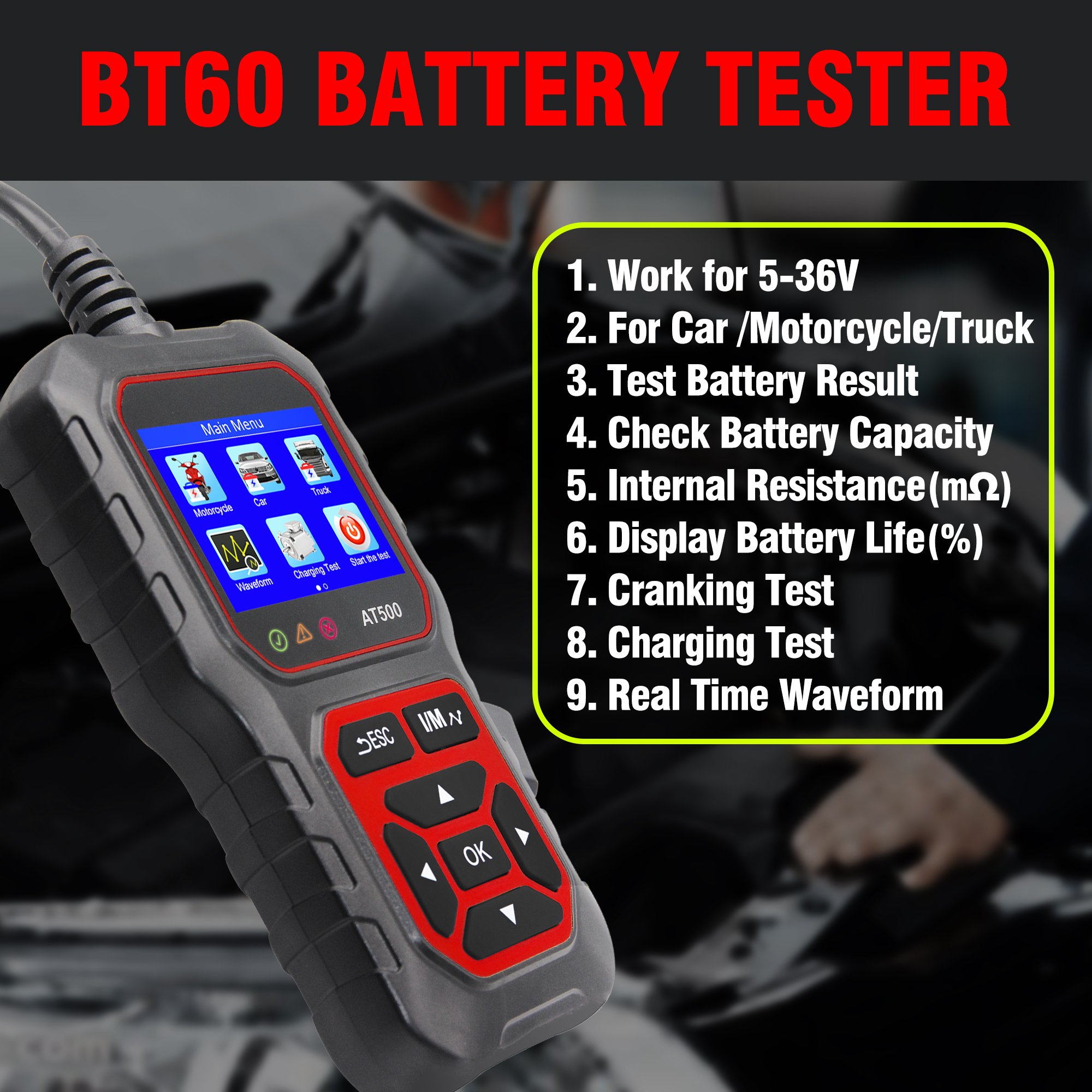 2023 Acclope Automotive 100-2000 CCA Car Truck Motorcycle 12V 24V Battery Analyzer