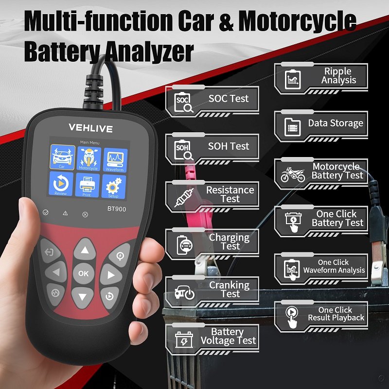 Latest Car Battery Tester BT900 Battery Assistant, Car Battery Analyzer for Cars, Motorcycles, Yachts and Lawnmowers