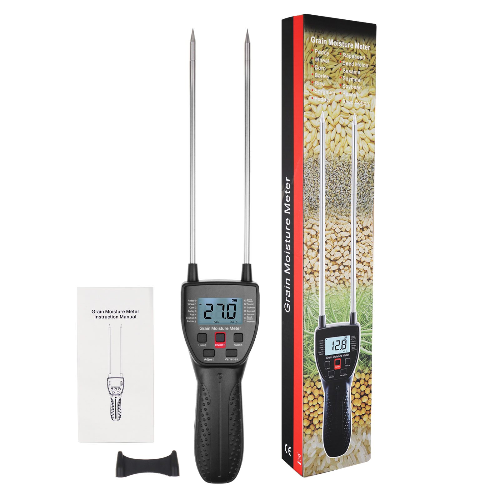 Grain Moisture Meter Water Content Analyzer with 11.81" Metal Probe for 14 Grains Wheat Corn Rice Peanut Soybean