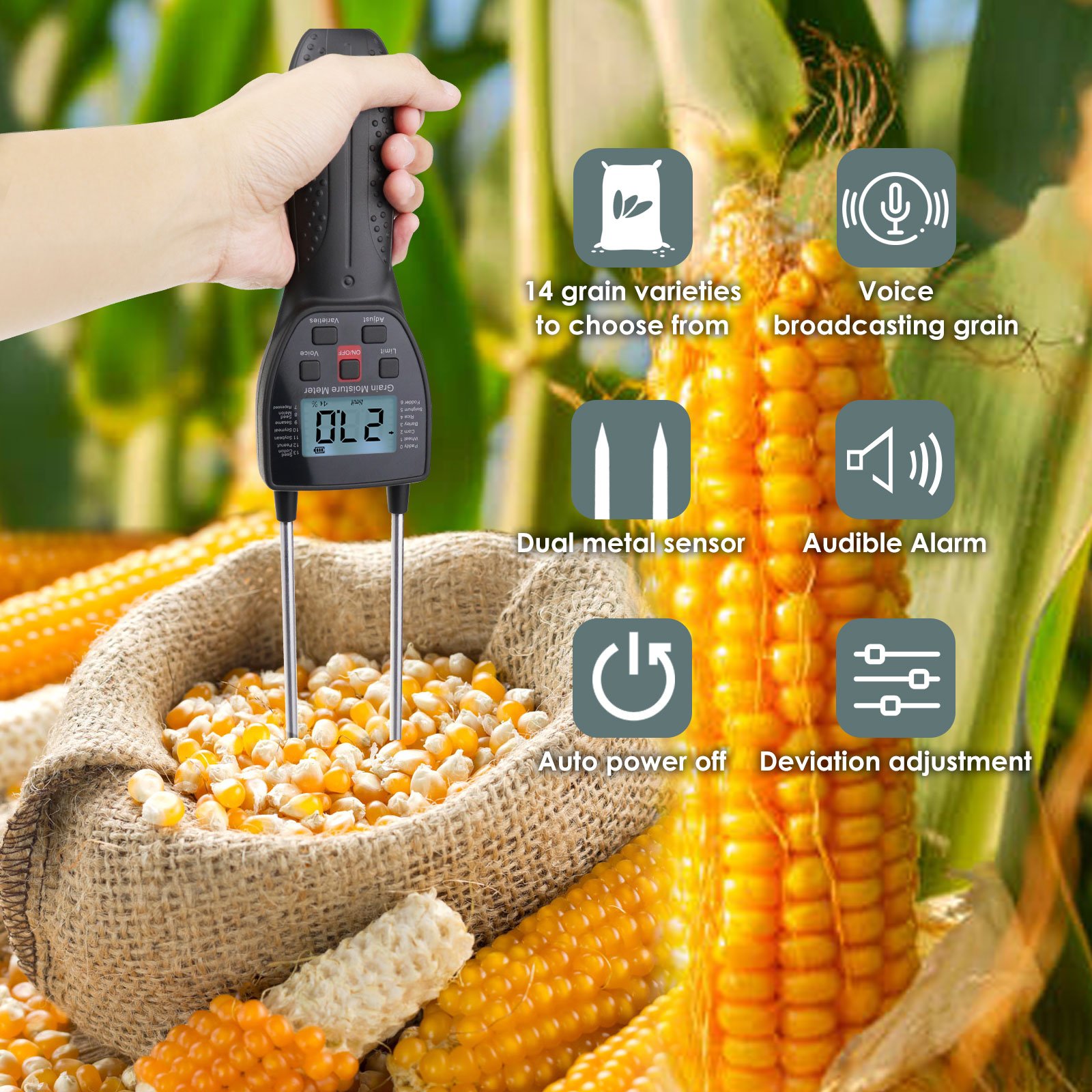 Grain Moisture Meter Water Content Analyzer with 11.81" Metal Probe for 14 Grains Wheat Corn Rice Peanut Soybean