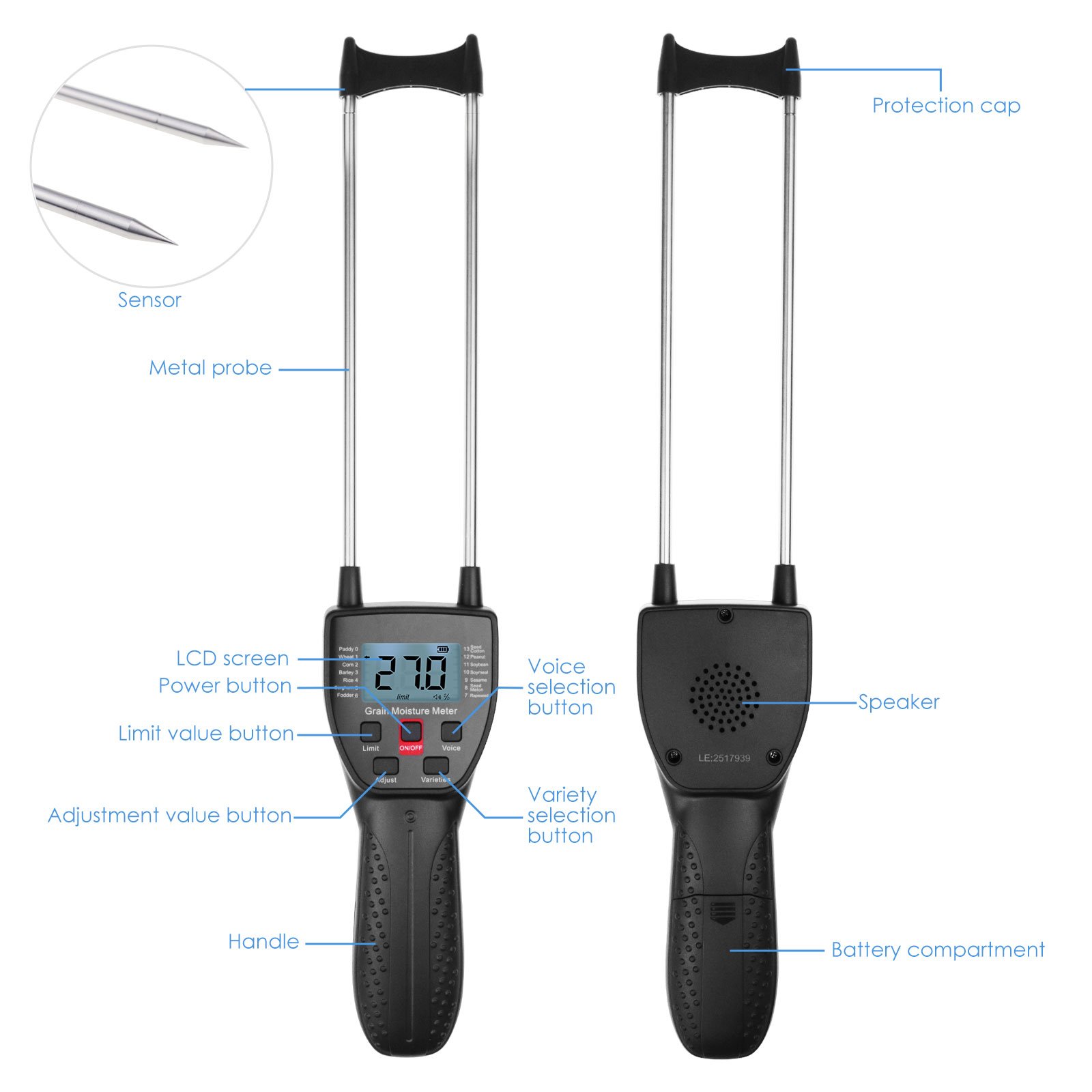 Grain Moisture Meter Water Content Analyzer with 11.81" Metal Probe for 14 Grains Wheat Corn Rice Peanut Soybean