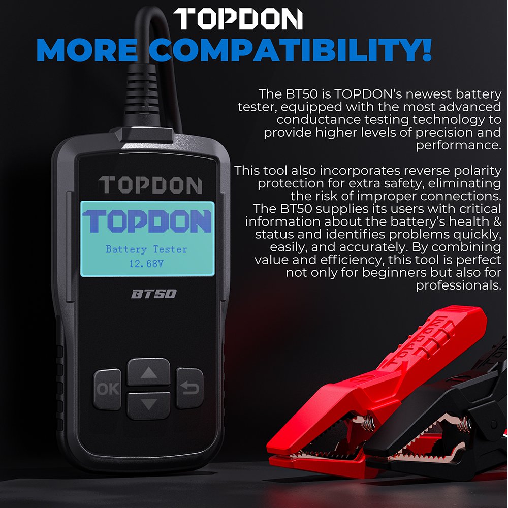TOPDON BT50 New Arrival Car Battery Tester 12V Analyzer Capacity Load Tester Cranking System Test 100-2000CCA