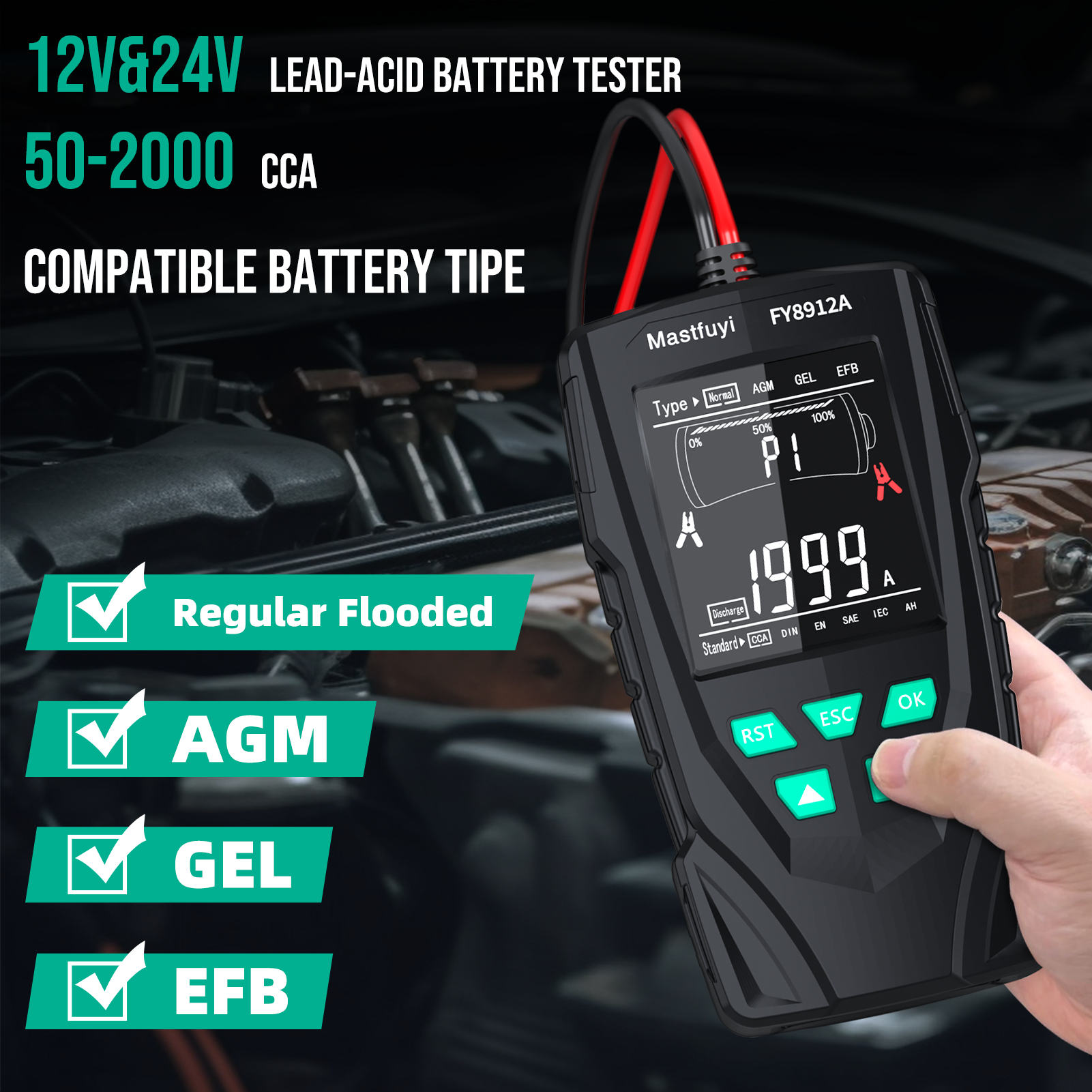Mastfuyi Car Battery Tester 12V 24V Digital Auto Battery Analyzer 50-2000 CCA Automotive Alternator Diagnostic Tool