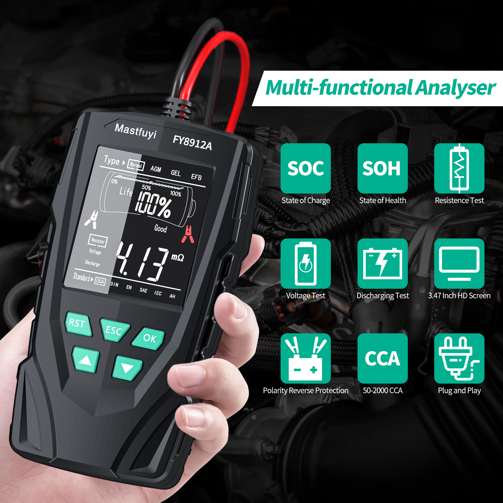Mastfuyi Car Battery Tester 12V 24V Digital Auto Battery Analyzer 50-2000 CCA Automotive Alternator Diagnostic Tool