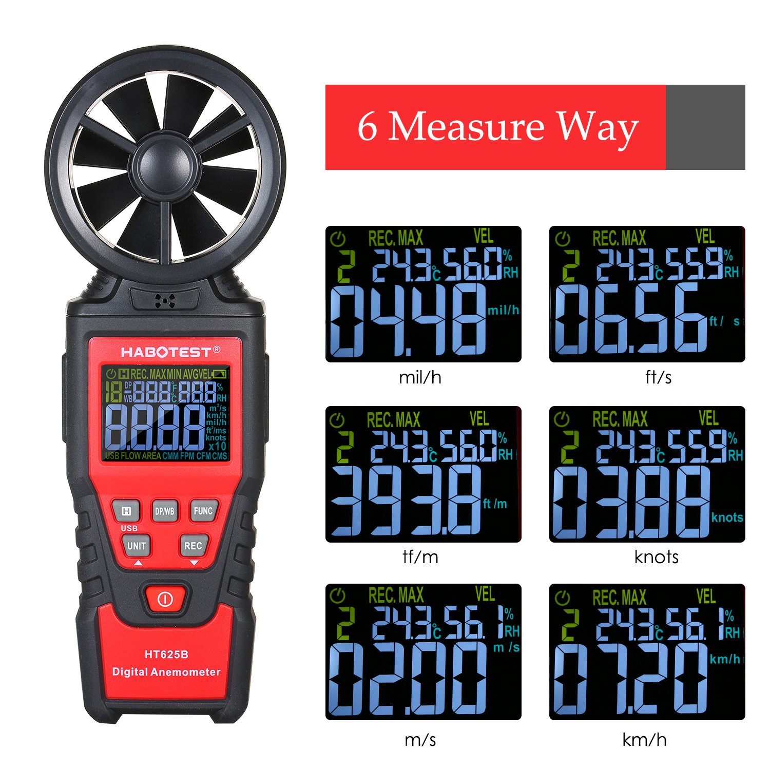 HABOTEST Handheld Digital anemometer price Electronic wind speed meter tester 9999counters with analog display HT625A