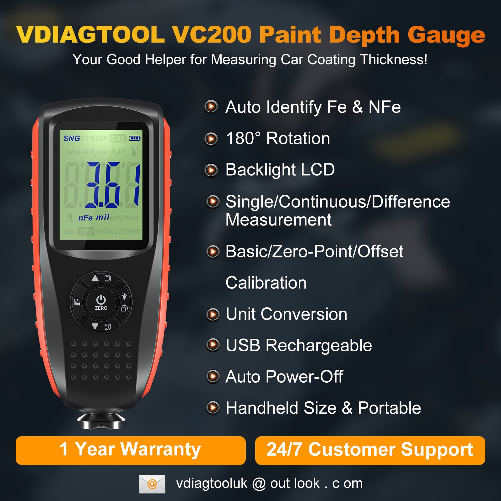 VDIAGTOOL VC200 Car Paint Thickness Tester With LCD Backlight 0-1300μm VC200 Coating Thickness Tester for Used Car Detection