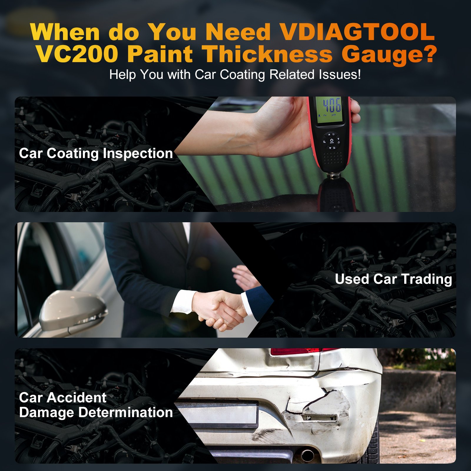 VDIAGTOOL VC200 Car Paint Thickness Tester With LCD Backlight 0-1300μm VC200 Coating Thickness Tester for Used Car Detection