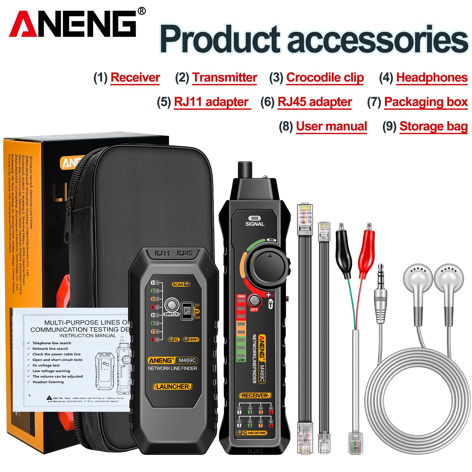 ANENG M469C Network Cable Tester High-precision Smart RJ45 RJ11 LAN Power Cable Line Tracing Measure DC Level Cables Tool