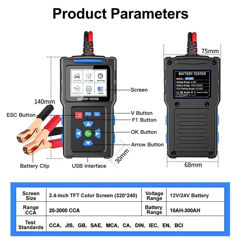 new JDiag BT300 Car Battery Tester Car Tool USB interface System Detect Auto Battery Analyzer 12V 24V Car Battery Fult Diagnosis