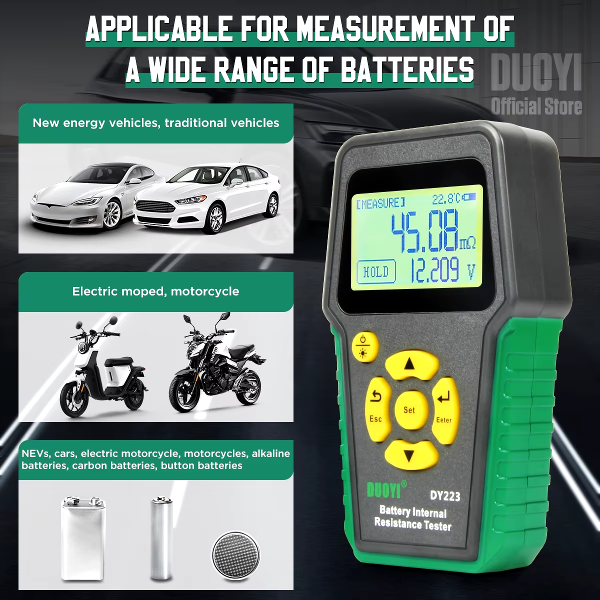 DUOYI DY223 Lithium Battery Internal Resistance Tester Voltage Automobile Diagnosis Instrument Digital Car Battery Analyzer