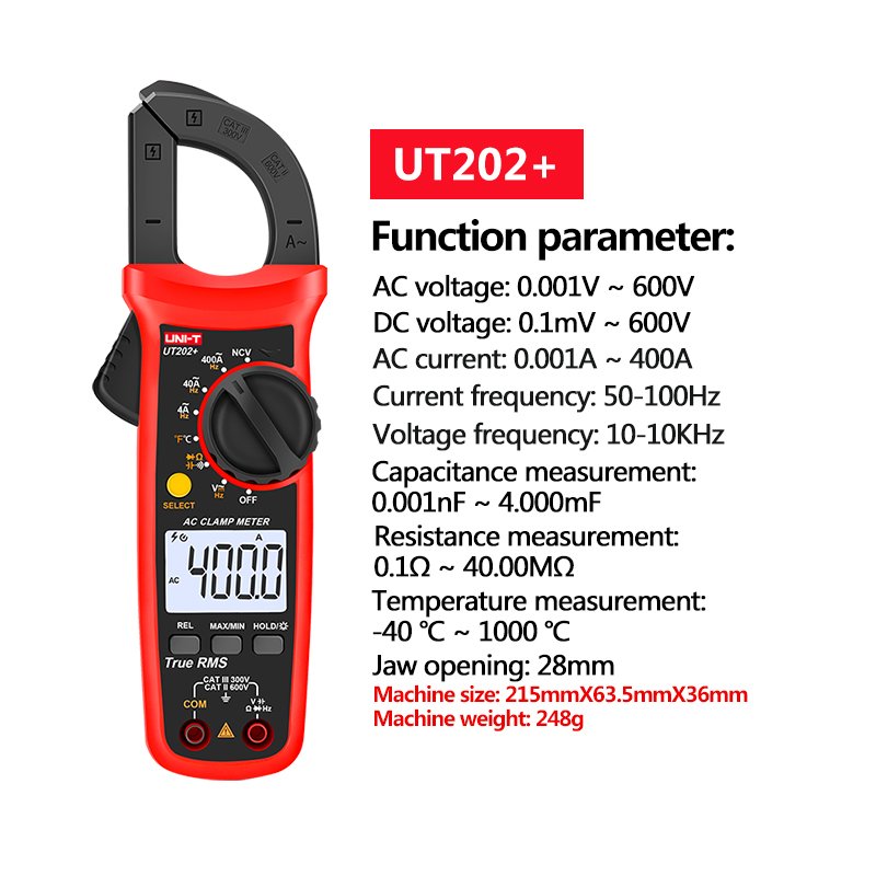 UNI-T Digital Clamp Meter UT201+ UT202+ UT203+ UT202A+ AC DC Current Amperimetro Tester Clamp Multimeter Resistance Frequency