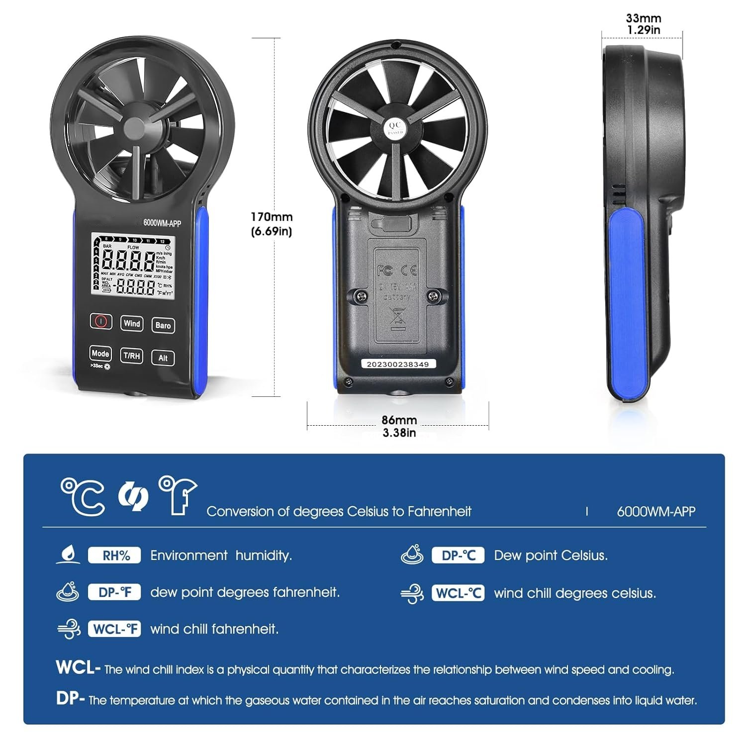 Holdpeak HP-6000WM-APP Digital Anemometer Bluetooth Wind Speed Gauge Meter Atmospheric Pressure RH Dew Point Wind ABS