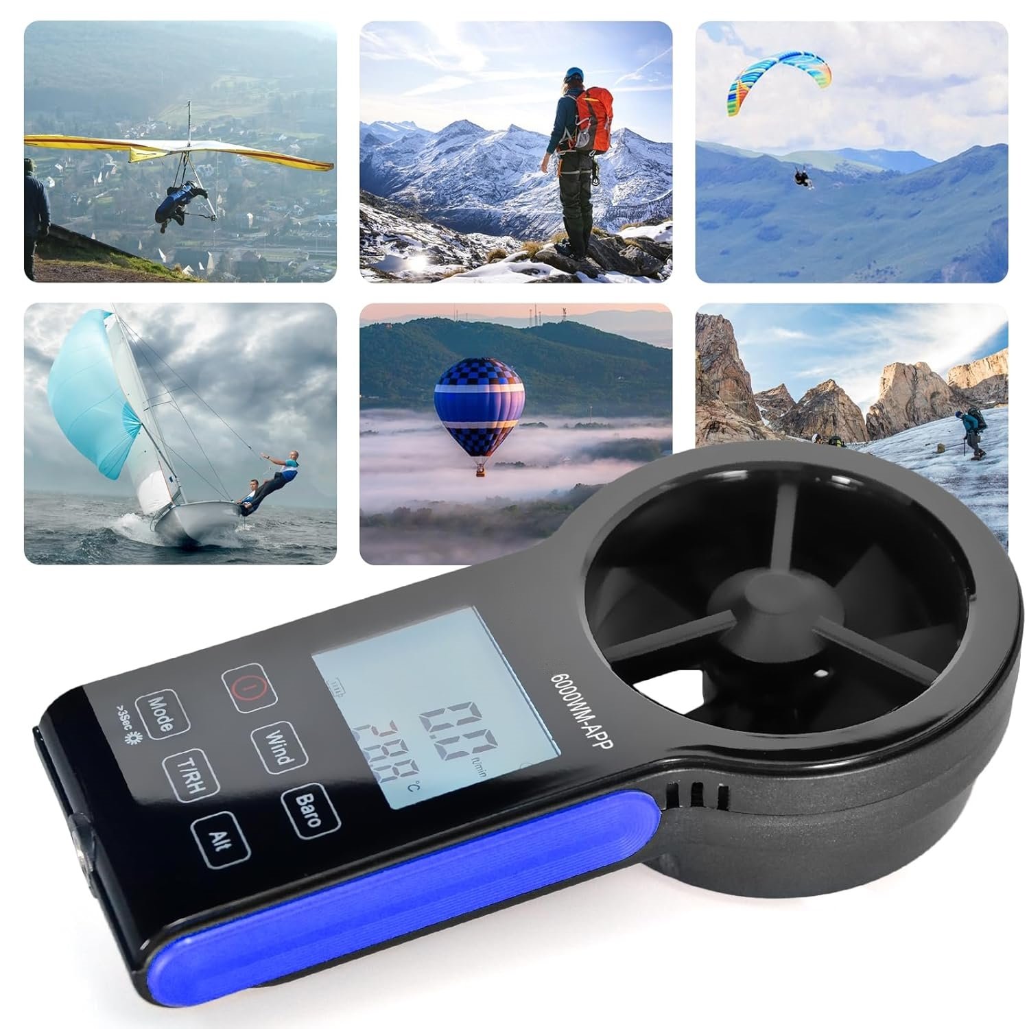 Holdpeak HP-6000WM-APP Digital Anemometer Bluetooth Wind Speed Gauge Meter Atmospheric Pressure RH Dew Point Wind ABS