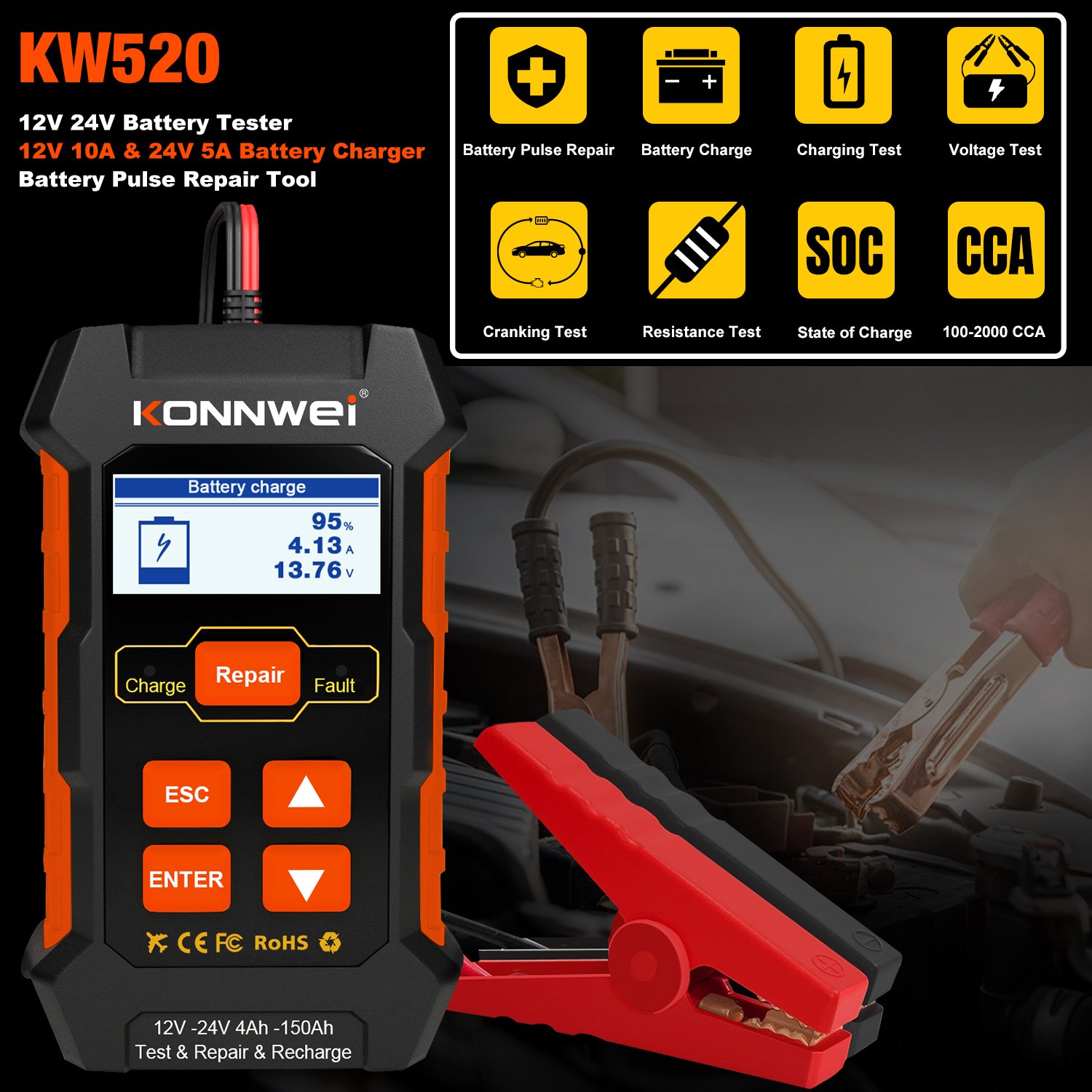 Factory Direct Konnwei kw520 Wholesale 10 A 5A Motorcycle Smart Car Battery Charger for 12V 24v car battery lead acid, lifepo4