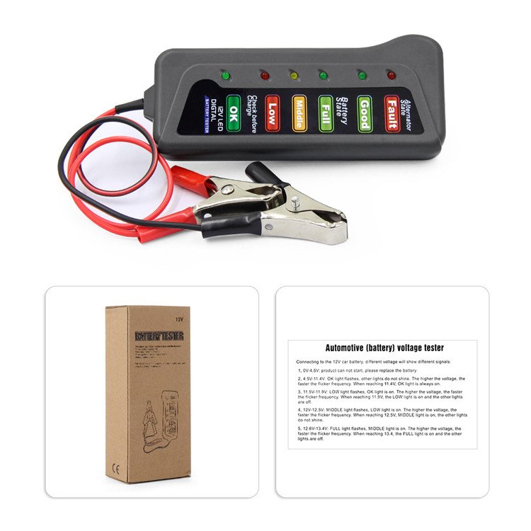 Portable 12V Auto Digital Battery Tester Alternator 6 LED Light for Cars and Motorcycle Battery Tester