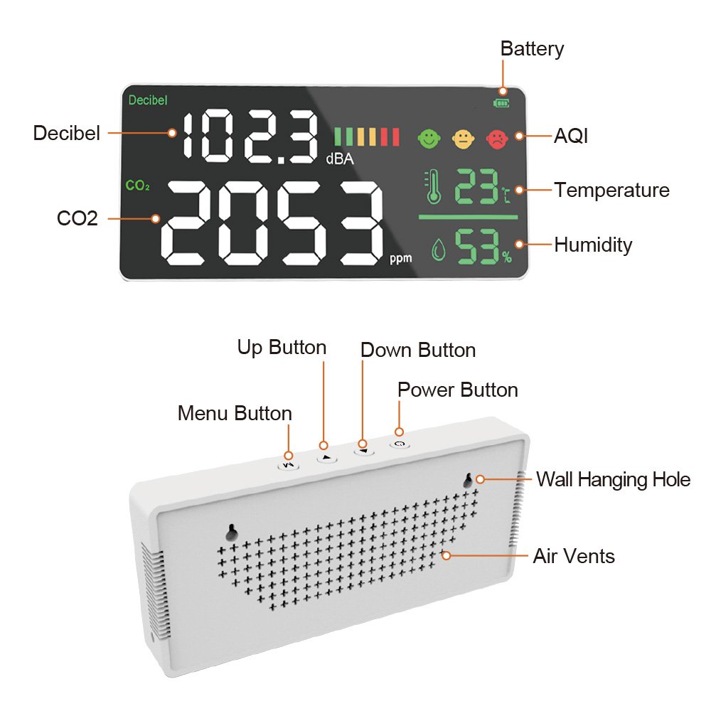 Intellint Digital Air Quality Monitor Noise Decibel Carbon Dioxide Meter Noise Dosimeter Temperature Humidity Testing Battery