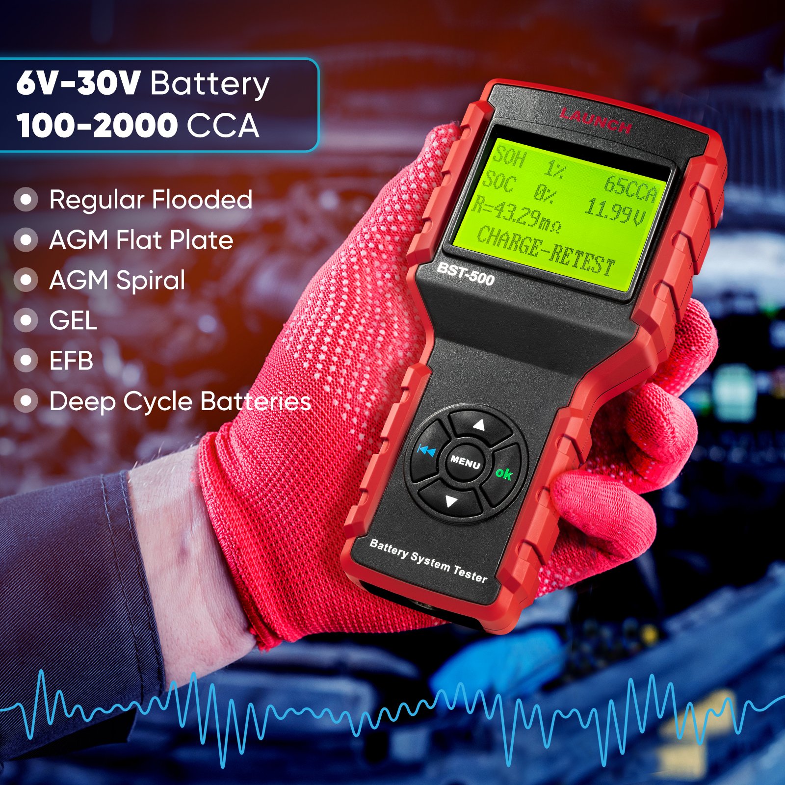 LAUNCH BST-500 Battery Tester Multi-Voltage 6V for Car Charging & Starting System Acid-Proof ABS Plastic
