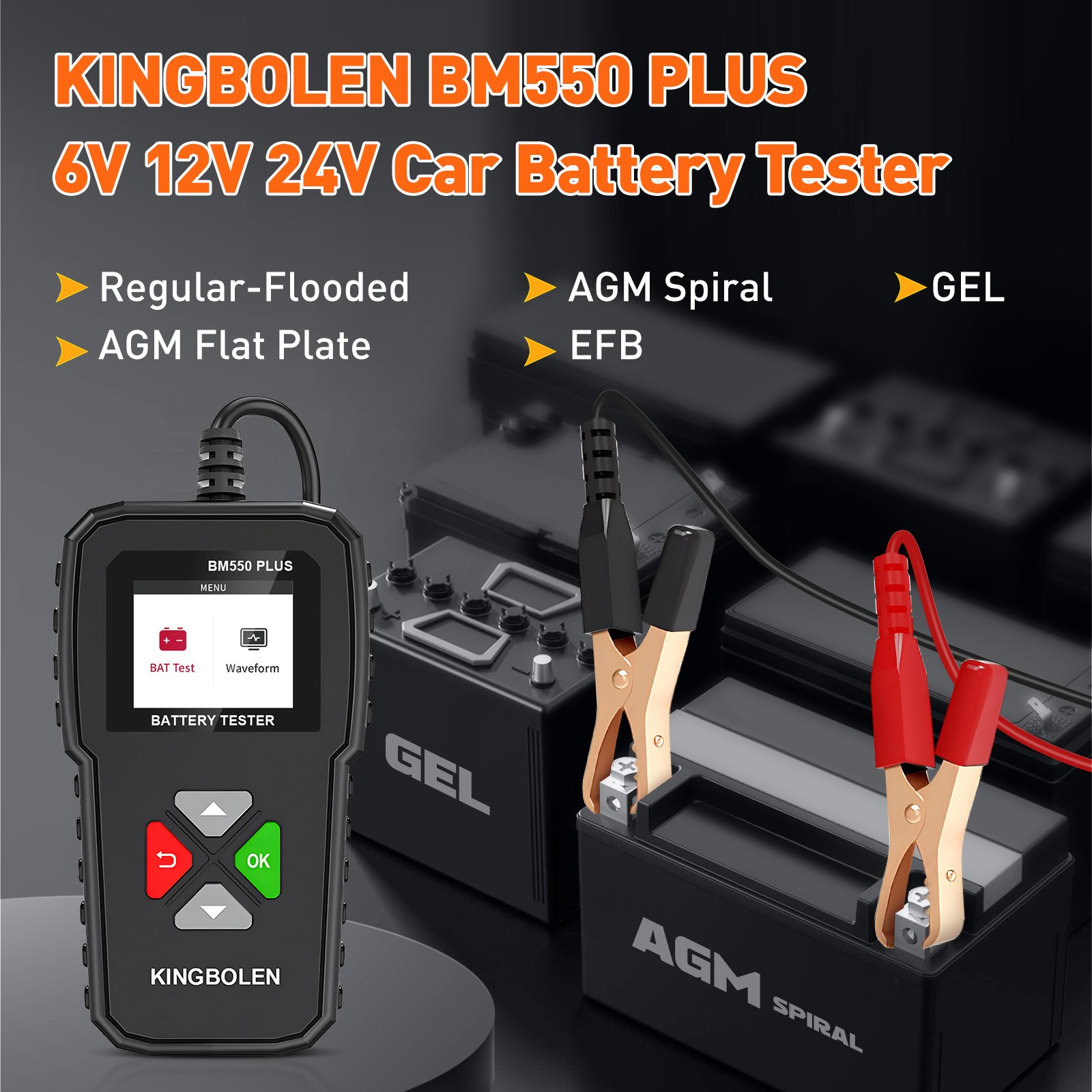 Kingbolen BM550 PLUS 6V 12V 24V Car Battery Tester 100-2000 CCA Car Voltage Tester 2Ah-220Ah Internal Resistance Tester
