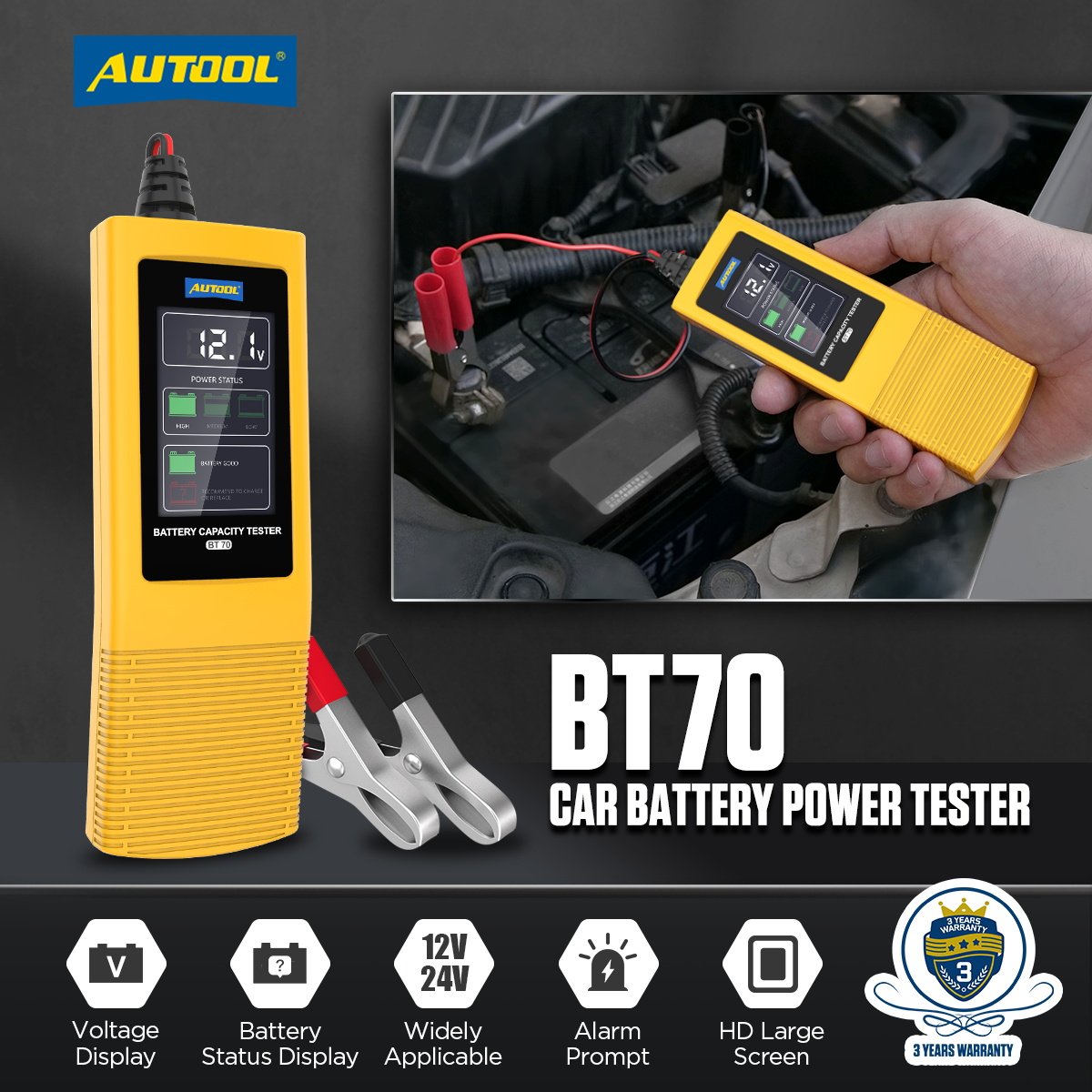 AUTOOL Official Factory BT70 Car Battery Power Tester Monitor Meter Diagnostic Sensor Tester Scanner Analyzer VoltageDetector