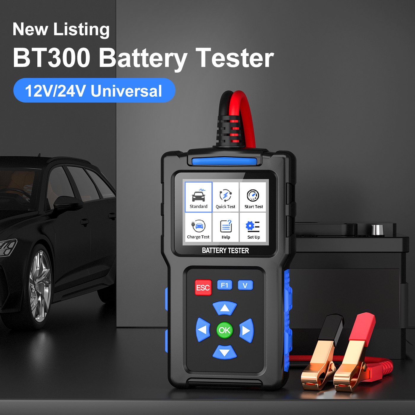 JDiag BT300 12V/24V Universal Car Battery Tester Cranking/Charging Tool for Multilingual Motorcycle Automotive Truck SUV Boat