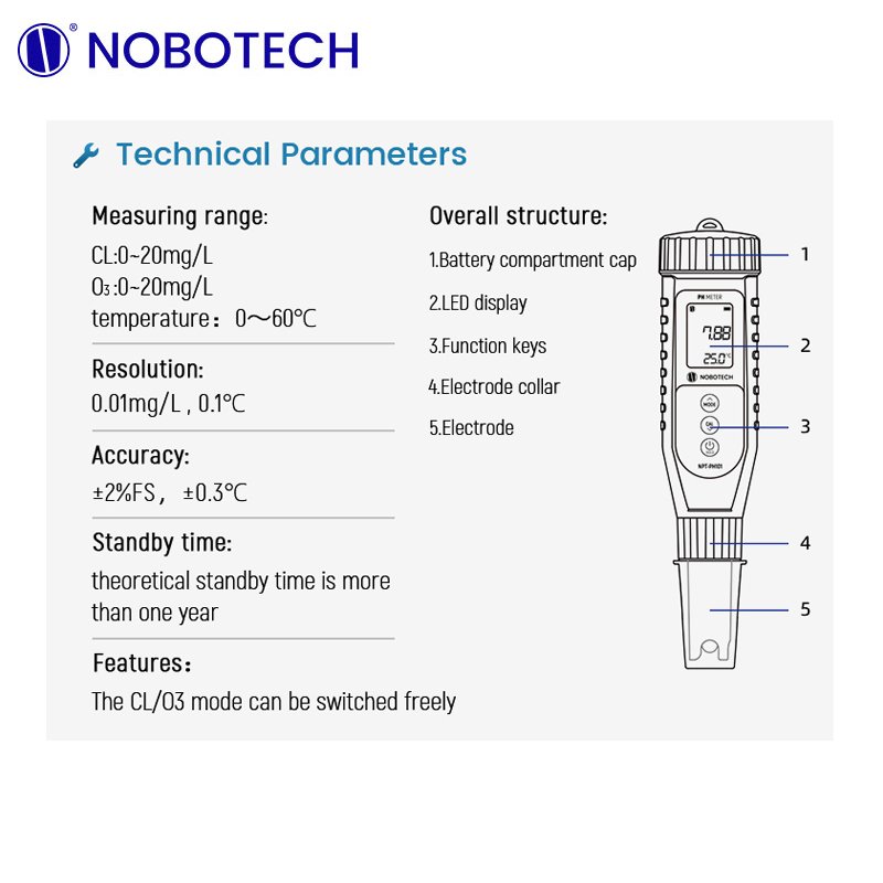 NOBO portable residual chlorine analyzer NPT-CLOZ801 residual chlorine meter measure pool Free Chlorine tester