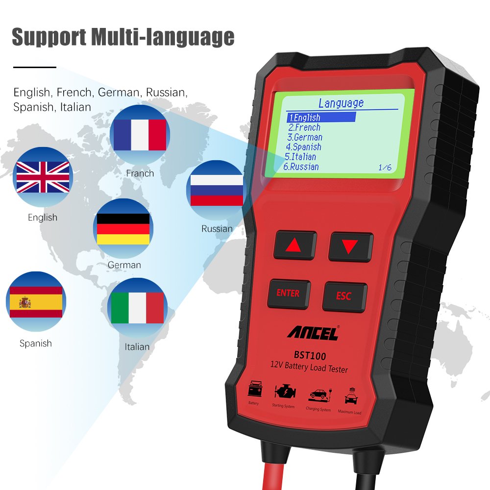 ANCEL BST100 12V Battery Tester Car Battery Analyzer Cranking Charging Circuit Test 220Ah 2000CCA Multilingual Battery Test Tool
