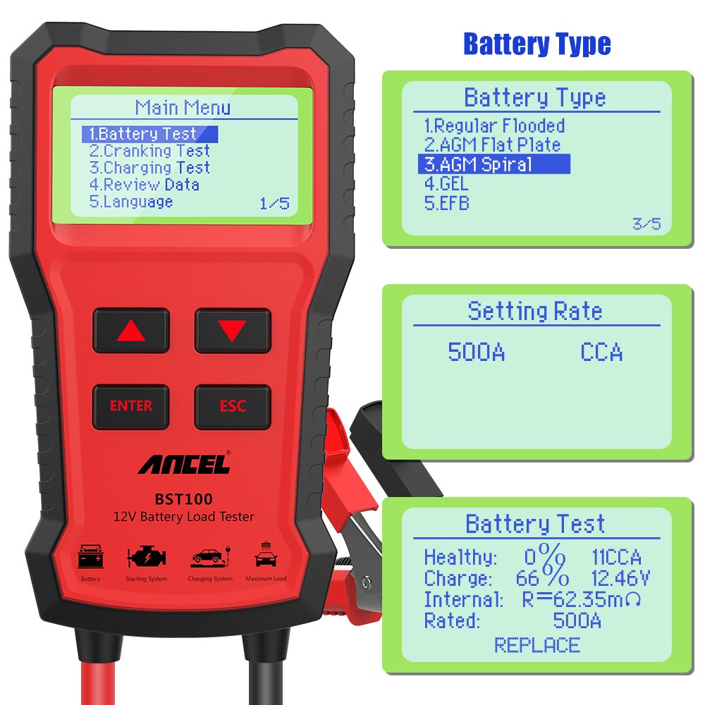 ANCEL BST100 12V Battery Tester Car Battery Analyzer Cranking Charging Circuit Test 220Ah 2000CCA Multilingual Battery Test Tool