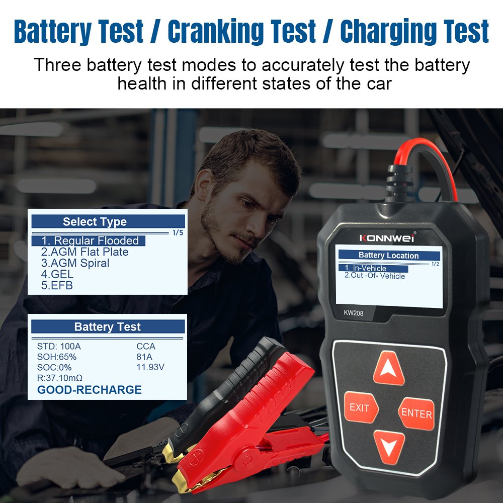 Hot Selling KW208 12V Smart Battery Tester Electrical System Analyzer for Lead acid VRLA AGM GEL EFB batteries