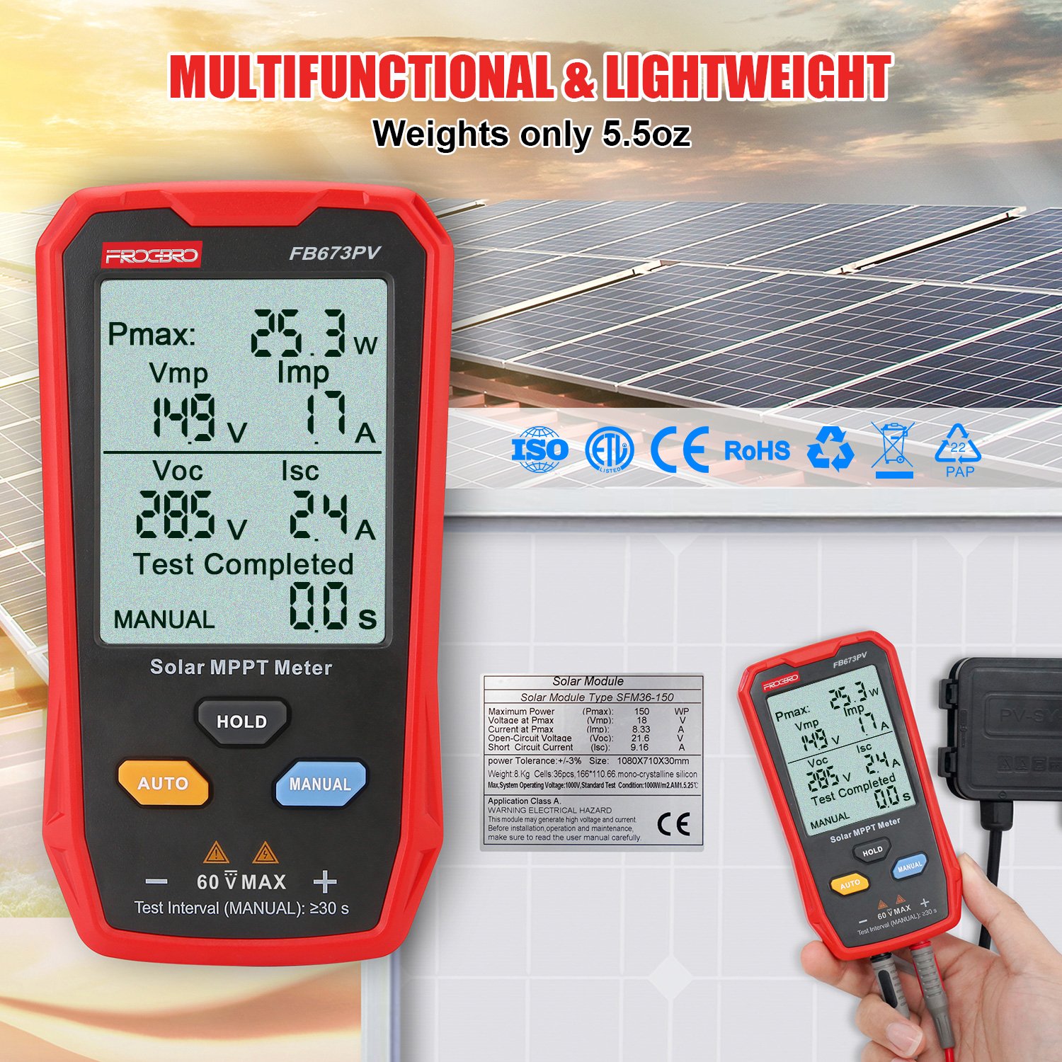 New FB673PV 800w LCD MPPT solar panel pv tester energy meter Smart Current Voltage Tester Digital meter solar power tester VOC