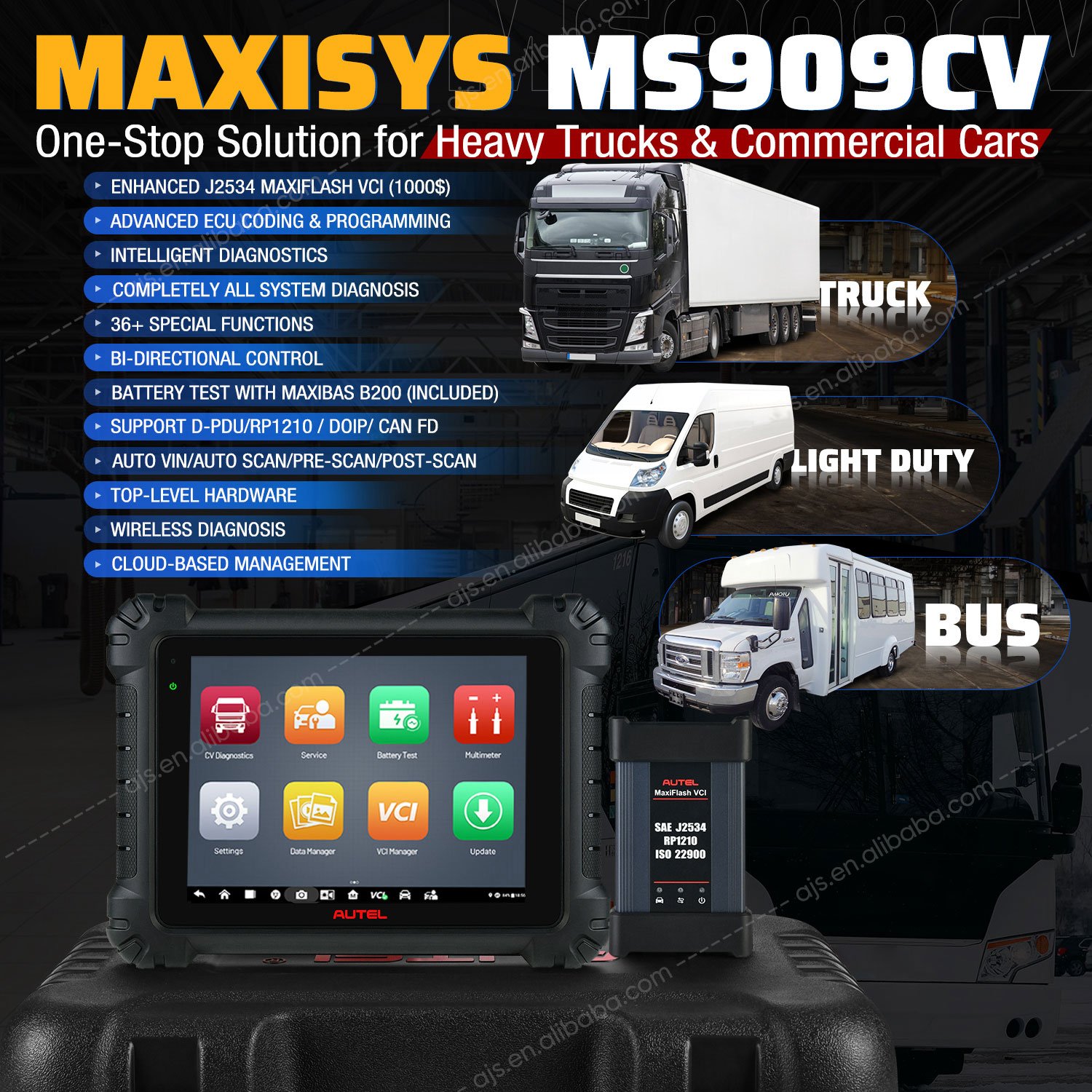 [US VERSION] Autel MaxiSYS MS909CV 12V 24V Heavy Duty Truck OBD2 Scanner Diesel Car Battery Tester Full System Diagnostic Tool
