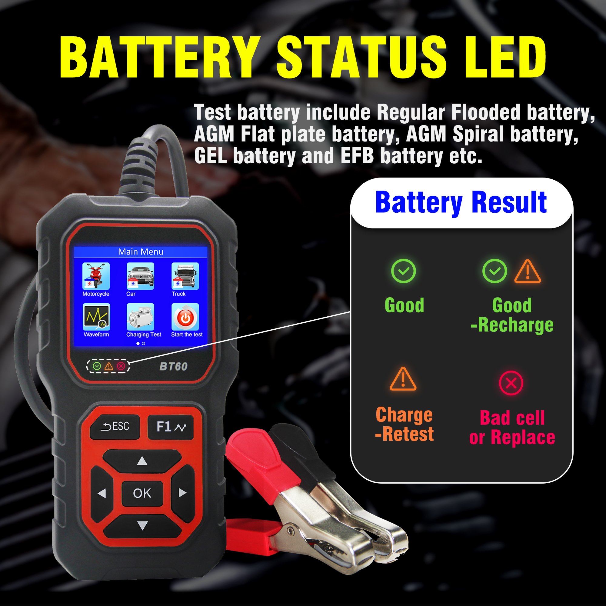 Acclope BT60 auto battery tester, 6V-24V automatic intelligent battery charger, auto pulse repair