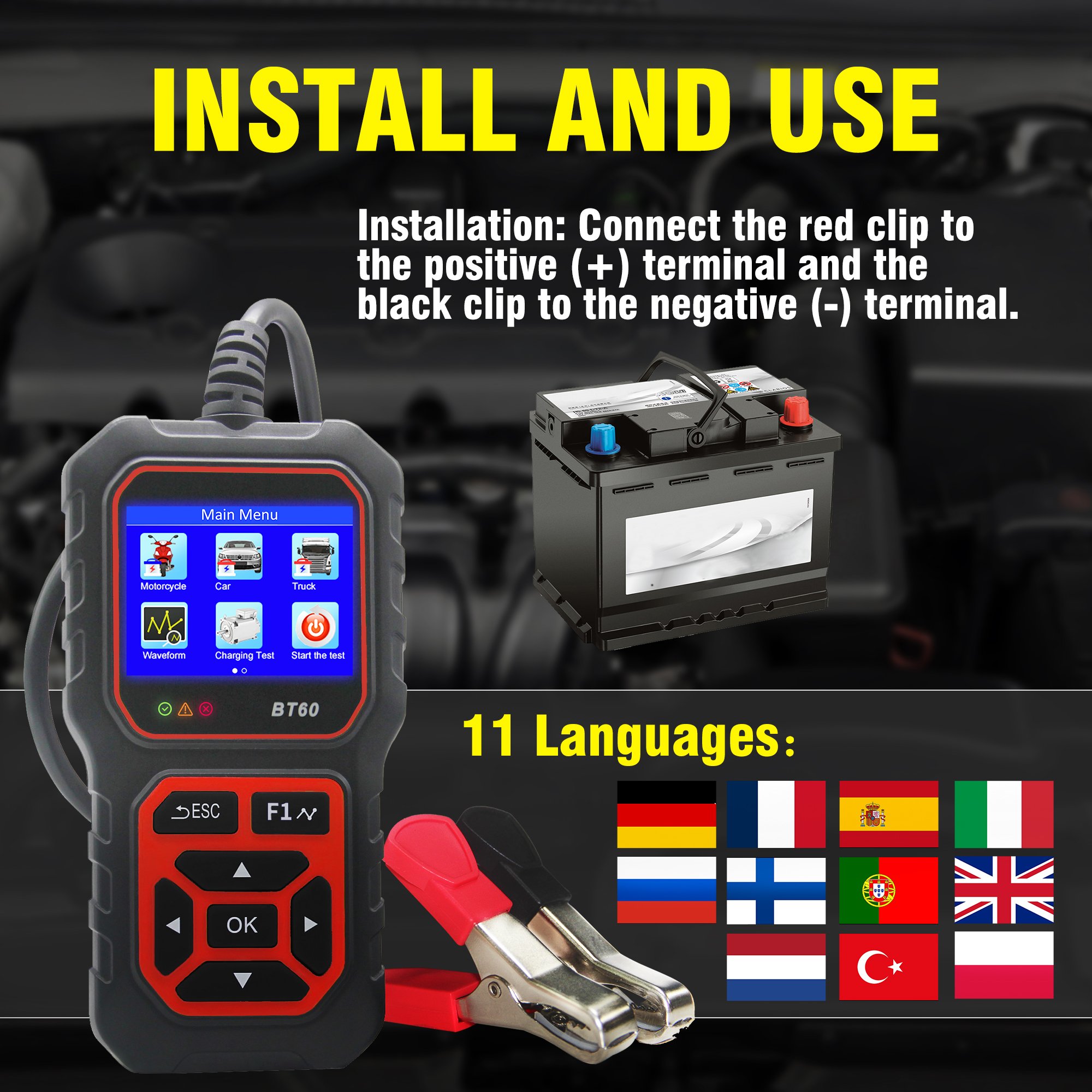 Acclope BT60 auto battery tester, 6V-24V automatic intelligent battery charger, auto pulse repair