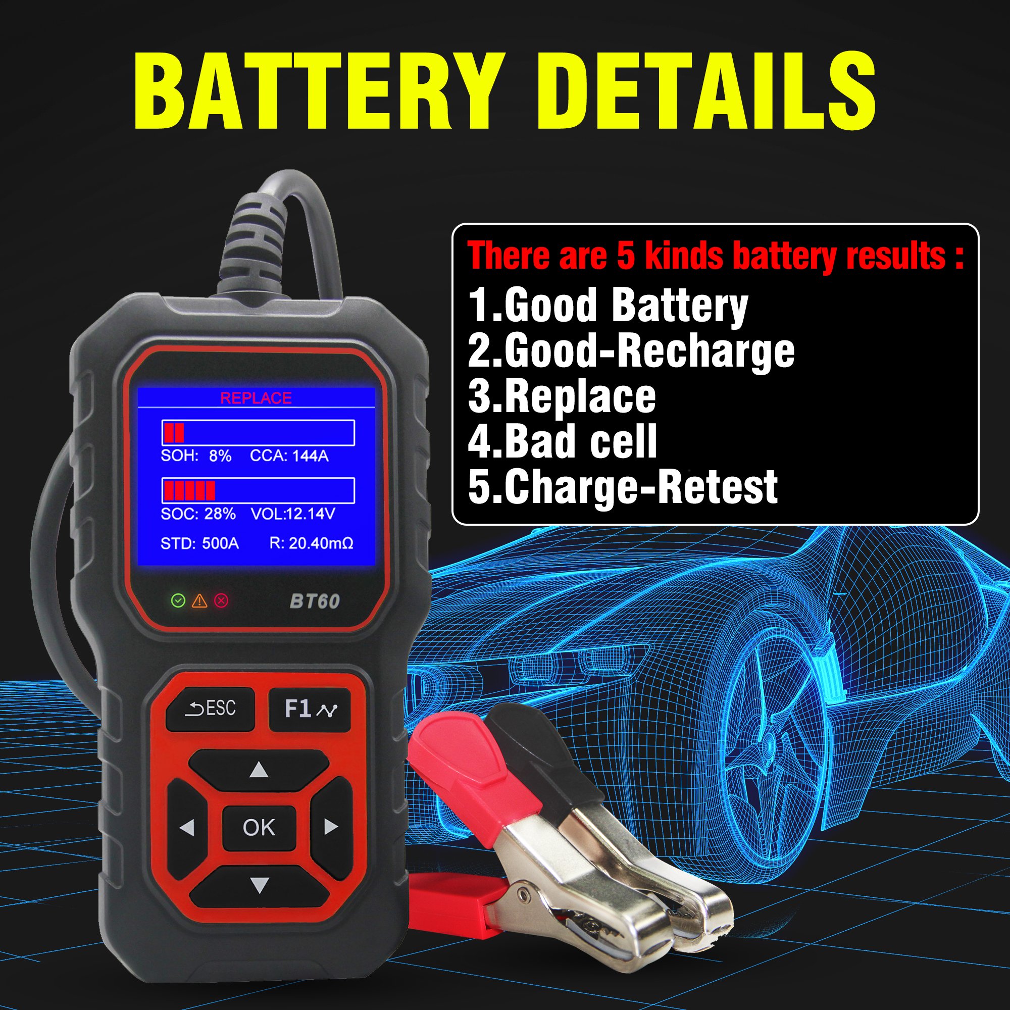 Acclope BT60 auto battery tester, 6V-24V automatic intelligent battery charger, auto pulse repair