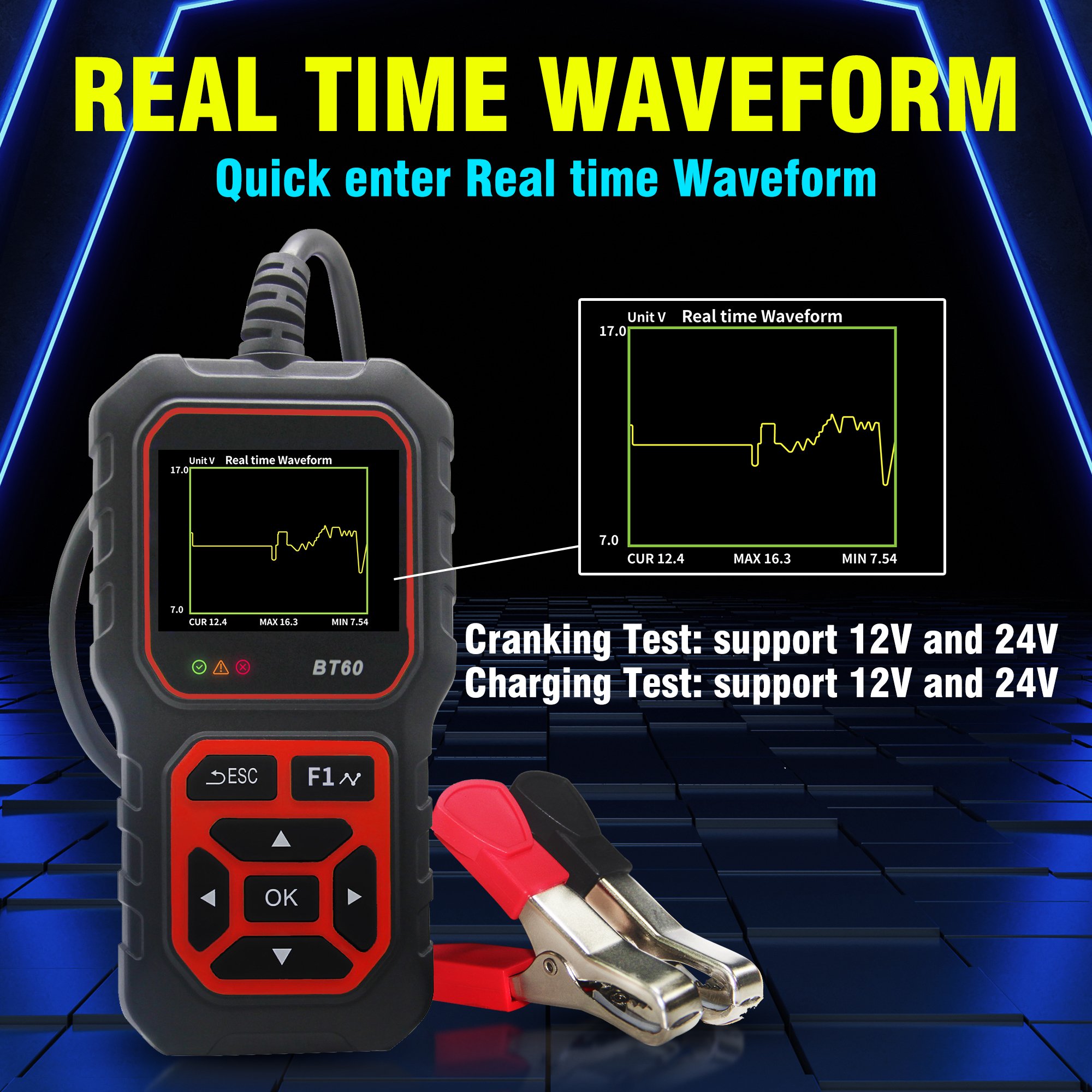 Acclope BT60 auto battery tester, 6V-24V automatic intelligent battery charger, auto pulse repair