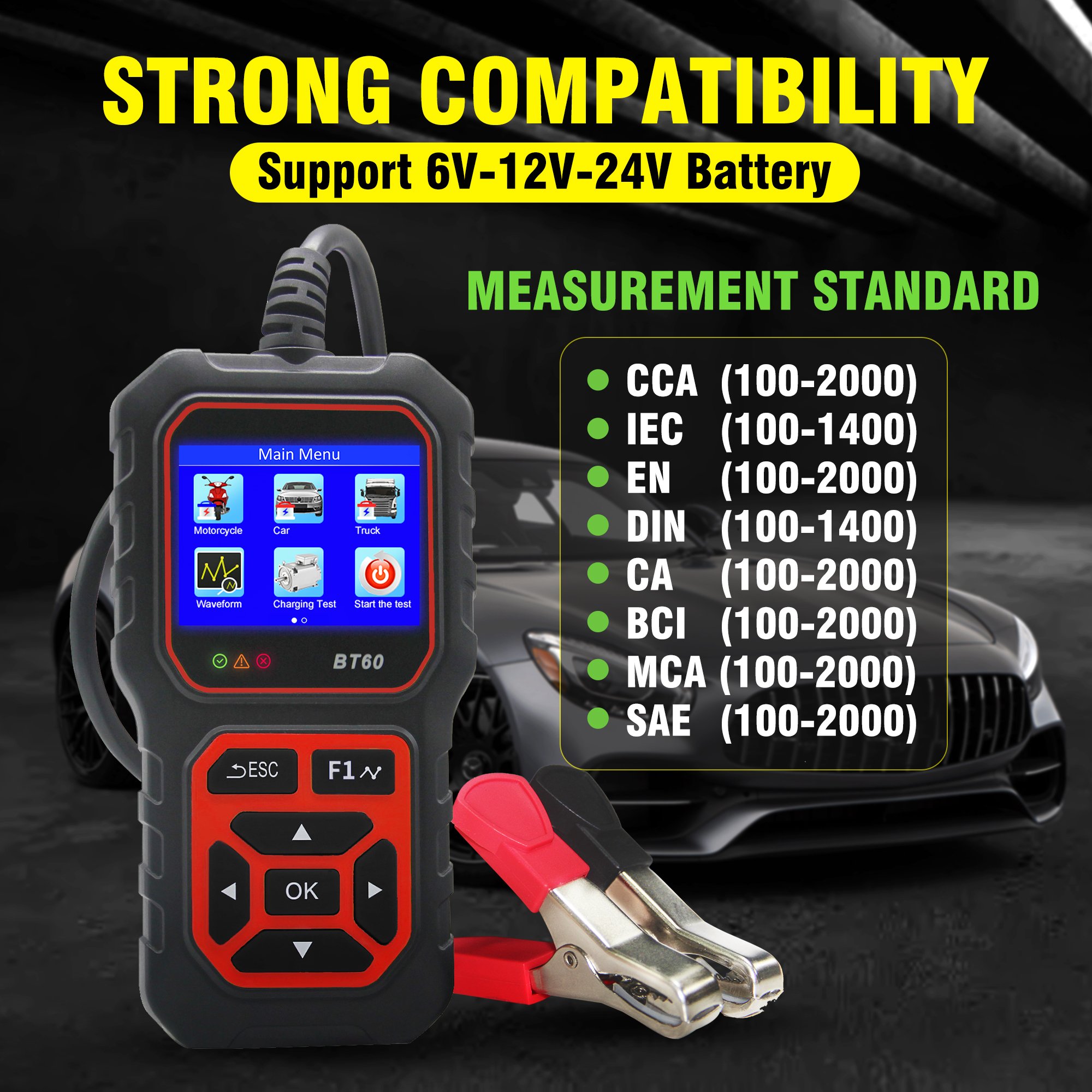Acclope BT60 auto battery tester, 6V-24V automatic intelligent battery charger, auto pulse repair