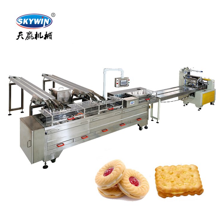 Skywin Auto Jam Filling Cookie Sandwich Biscuit Making Machine With Flow Pack