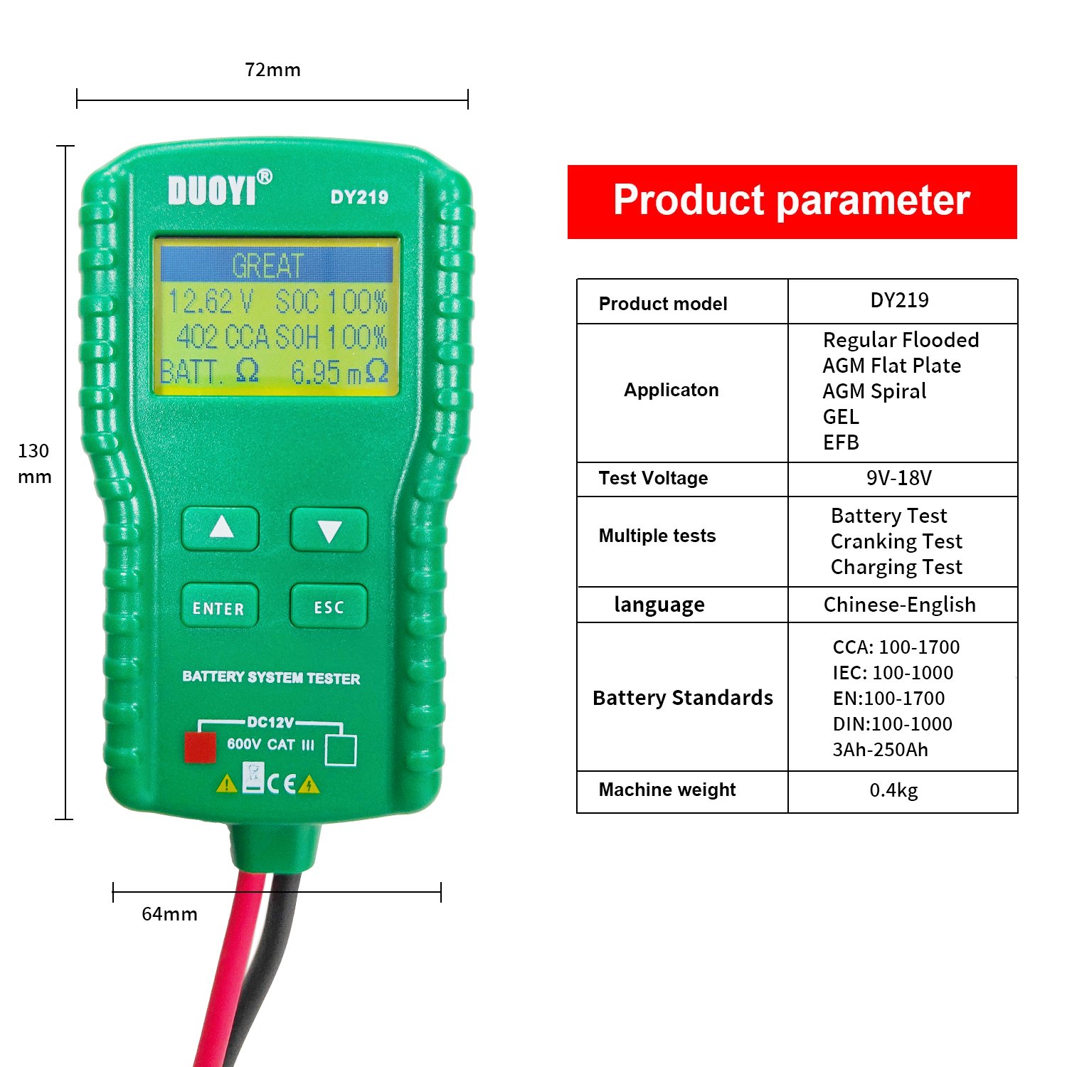 Battery Tester for 12V Batteries, 30AH-250Ah Capacity Detection Instrument for Submerged-Type, EFB, AGM Flat Plate, AGM , Gel,