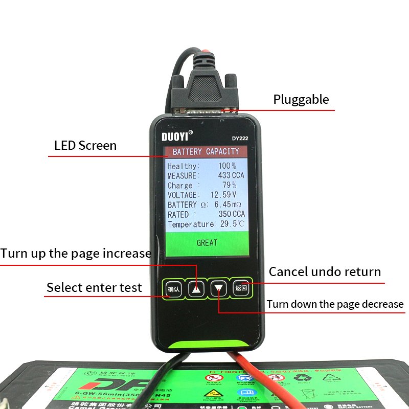 DY222 Color Screen Lead-acid Battery Charge and Discharge Tester battery Start-up Test Charging Test 100-2000CCA