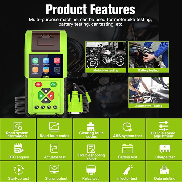 JDiag M200 Motorcycle Diagnostic OBD2 Scanner Moto Fault Code Reader Battery Tester Motoscan Tool