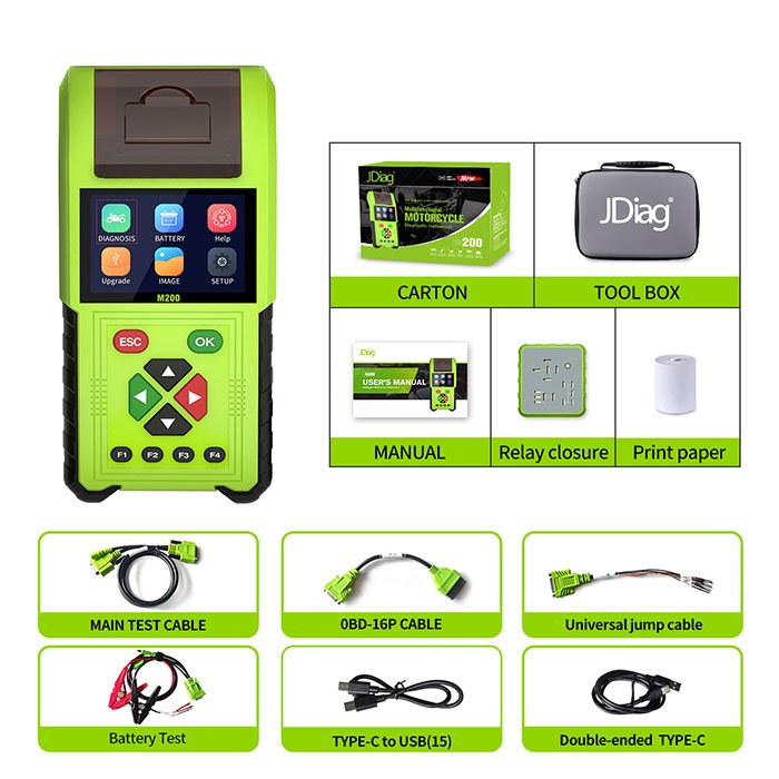 JDiag M200 Motorcycle Diagnostic OBD2 Scanner Moto Fault Code Reader Battery Tester Motoscan Tool