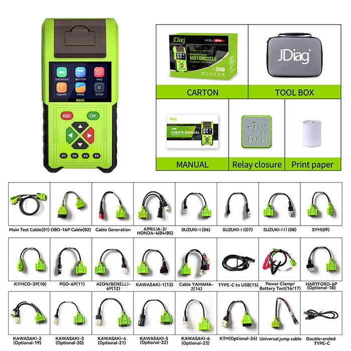 JDiag M200 Motorcycle Diagnostic OBD2 Scanner Moto Fault Code Reader Battery Tester Motoscan Tool