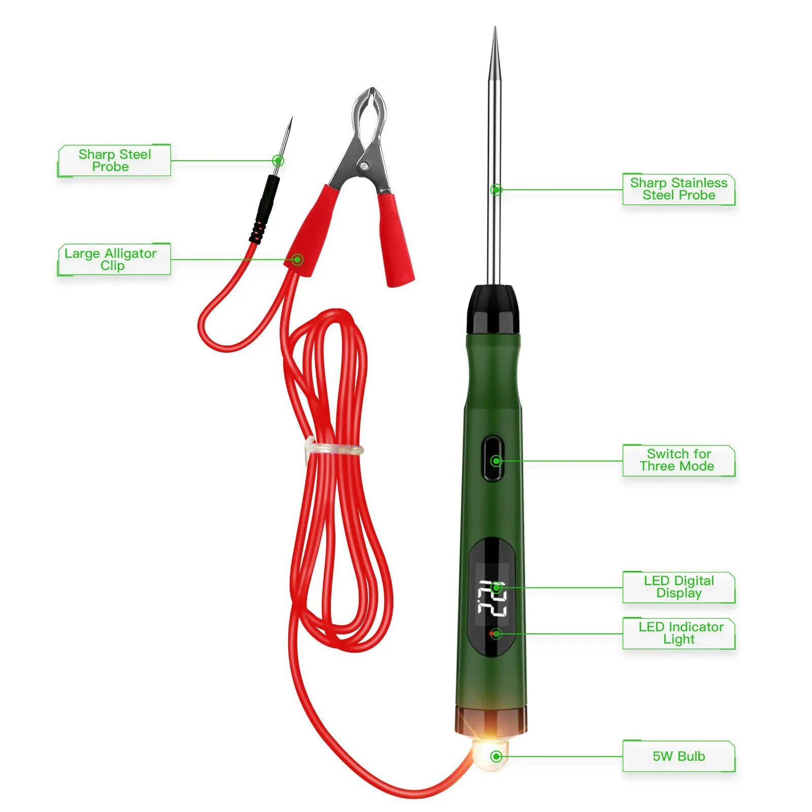 Factory Multi-function Power Test Pen 5-30V DC Electrical Digital LED Automotive Test Pencil Bulb Alligator Clip