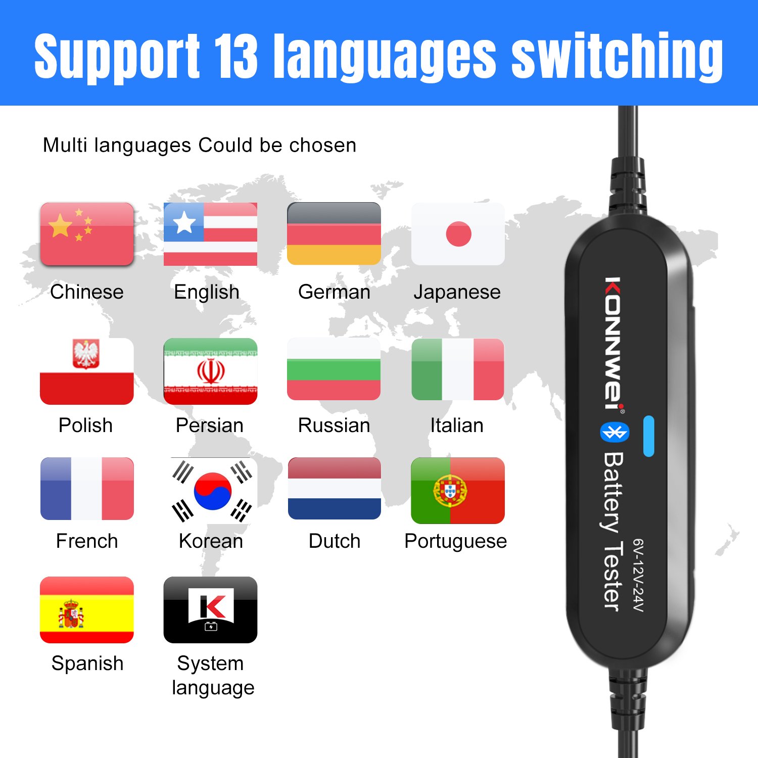 KONNWEI BK200 Mobile APP Control Bluetooth Car Battery Tester for lead acid battery GEL AGM EFB Lithium battery 6V 12V 24V