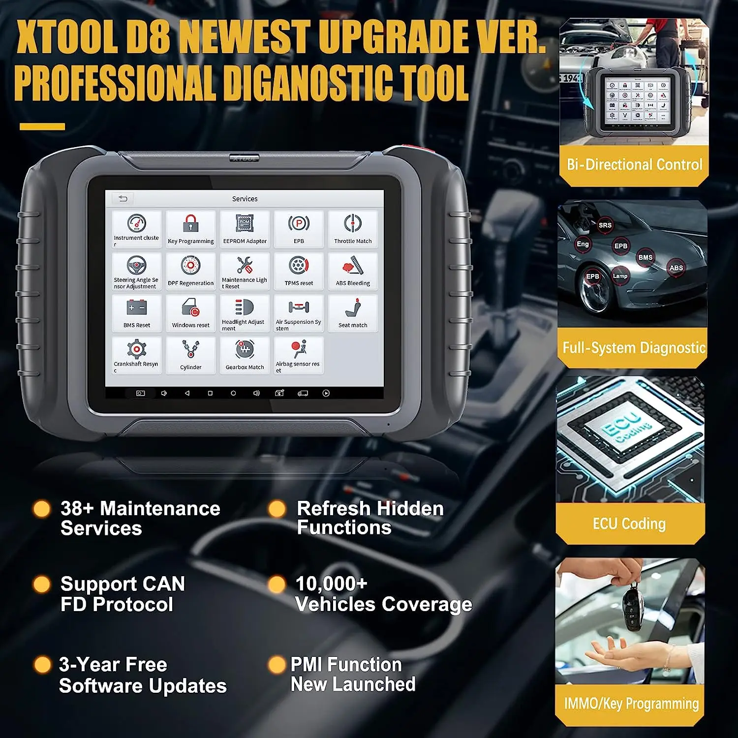 XTOOL D-8 Diagnostic Scan Tool with 3 Years Free Updates CAN FD ECU Coding 38+ Resets Full Bi-Directional Key Programming Tools